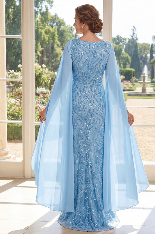 Sheath V-Neck Long Beaded Sparkly Light Blue Mother of the Bride Dress with Cape