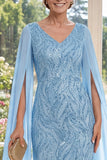Sheath V-Neck Long Beaded Sparkly Light Blue Mother of the Bride Dress with Cape