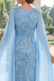 Sheath V-Neck Long Beaded Sparkly Light Blue Mother of the Bride Dress with Cape