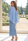 Mermaid Long Ruffled Beaded Sparkly Light Blue Mother of the Bride Dress with Cape