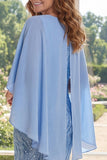 Mermaid Long Ruffled Beaded Sparkly Light Blue Mother of the Bride Dress with Cape