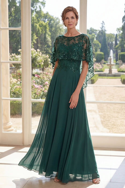 Long Appliqued Sparkly Dark Green Boat Neck A Line Mother of the Bride Dress