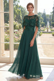 Long Appliqued Sparkly Dark Green Boat Neck A Line Mother of the Bride Dress
