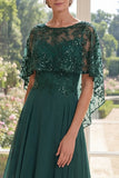 Long Appliqued Sparkly Dark Green Boat Neck A Line Mother of the Bride Dress