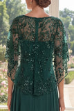 Long Appliqued Sparkly Dark Green Boat Neck A Line Mother of the Bride Dress