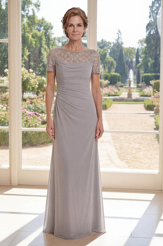 Short Sleeves Sheath Long Beaded Sparkly Grey Ruched Mother of the Bride Dress