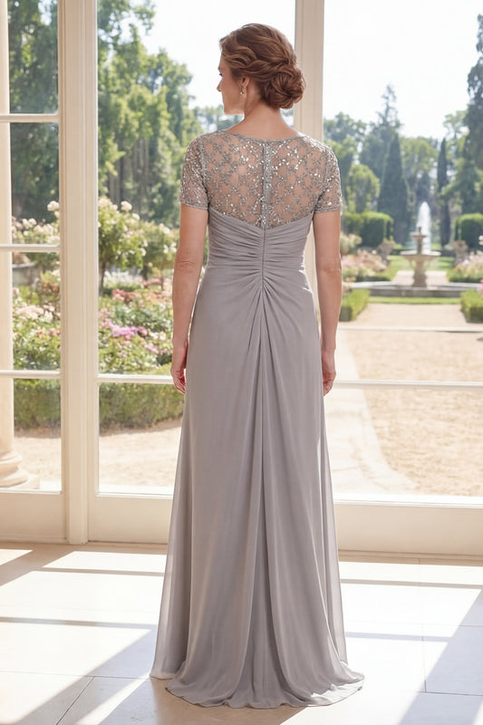Short Sleeves Sheath Long Beaded Sparkly Grey Ruched Mother of the Bride Dress