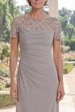 Short Sleeves Sheath Long Beaded Sparkly Grey Ruched Mother of the Bride Dress