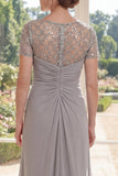 Short Sleeves Sheath Long Beaded Sparkly Grey Ruched Mother of the Bride Dress