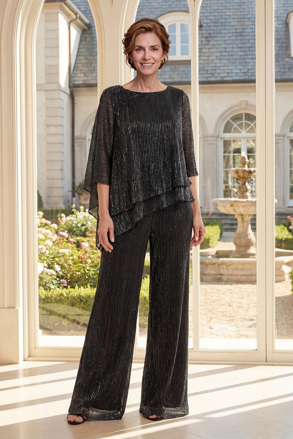 Ruffled Glitter Black 2 Piece Mother of the Bride Pantsuits with Pleats