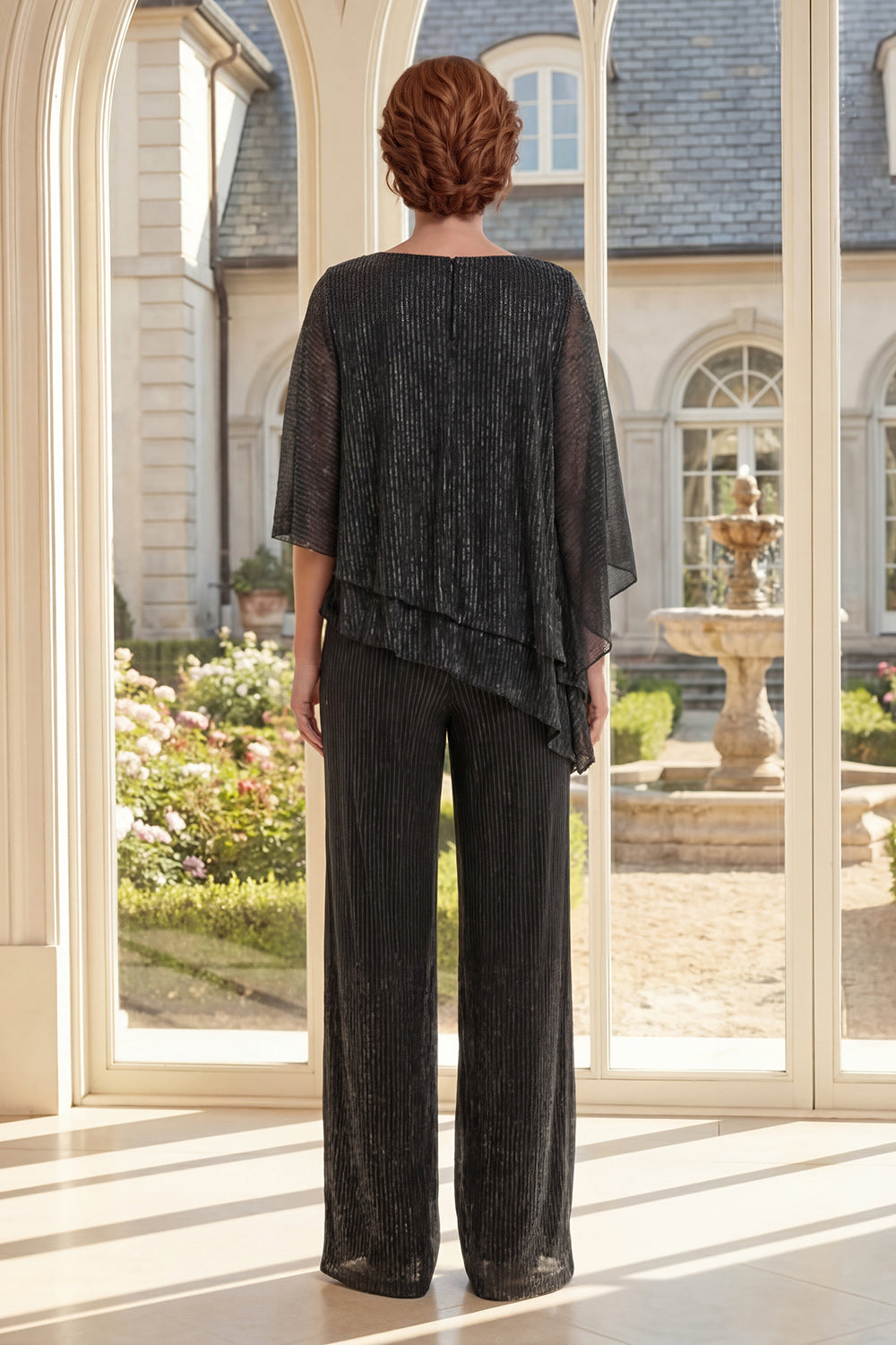 Ruffled Glitter Black 2 Piece Mother of the Bride Pantsuits with Pleats