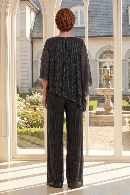 Ruffled Glitter Black 2 Piece Mother of the Bride Pantsuits with Pleats
