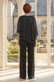 Ruffled Glitter Black 2 Piece Mother of the Bride Pantsuits with Pleats