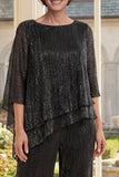 Ruffled Glitter Black 2 Piece Mother of the Bride Pantsuits with Pleats