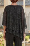 Ruffled Glitter Black 2 Piece Mother of the Bride Pantsuits with Pleats