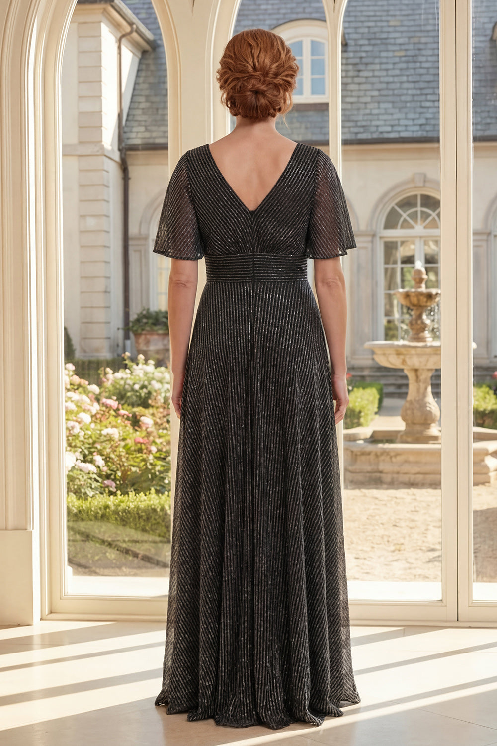 Flutter Sleeves Black A Line Glitter Long Mother of the Bride Dress with Pleats