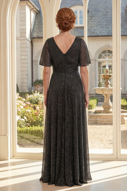 Flutter Sleeves Black A Line Glitter Long Mother of the Bride Dress with Pleats