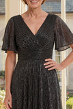 Flutter Sleeves Black A Line Glitter Long Mother of the Bride Dress with Pleats