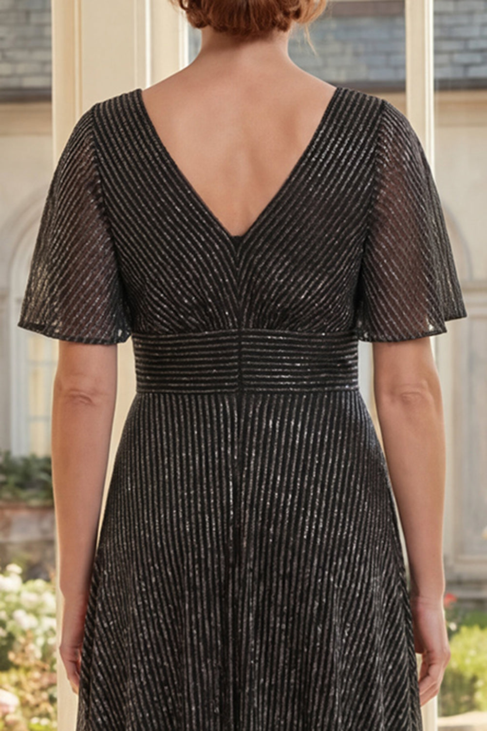 Flutter Sleeves Black A Line Glitter Long Mother of the Bride Dress with Pleats