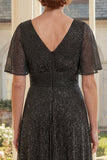 Flutter Sleeves Black A Line Glitter Long Mother of the Bride Dress with Pleats