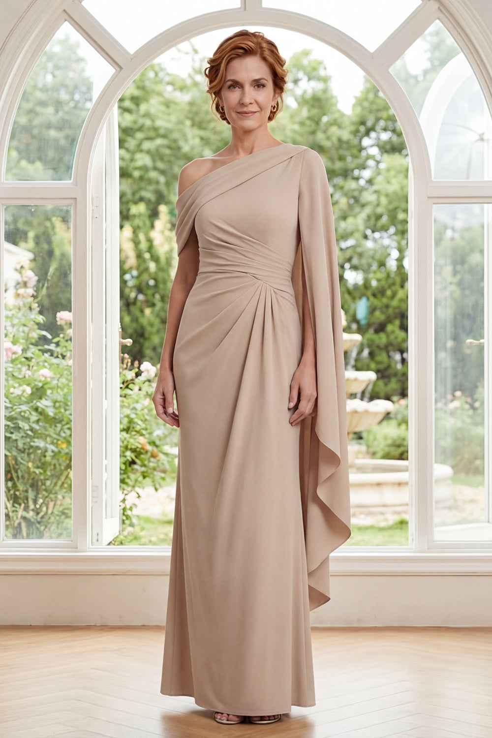 Sheath Ruched Long Champagne Mother of the Bride Dress with Ruffles
