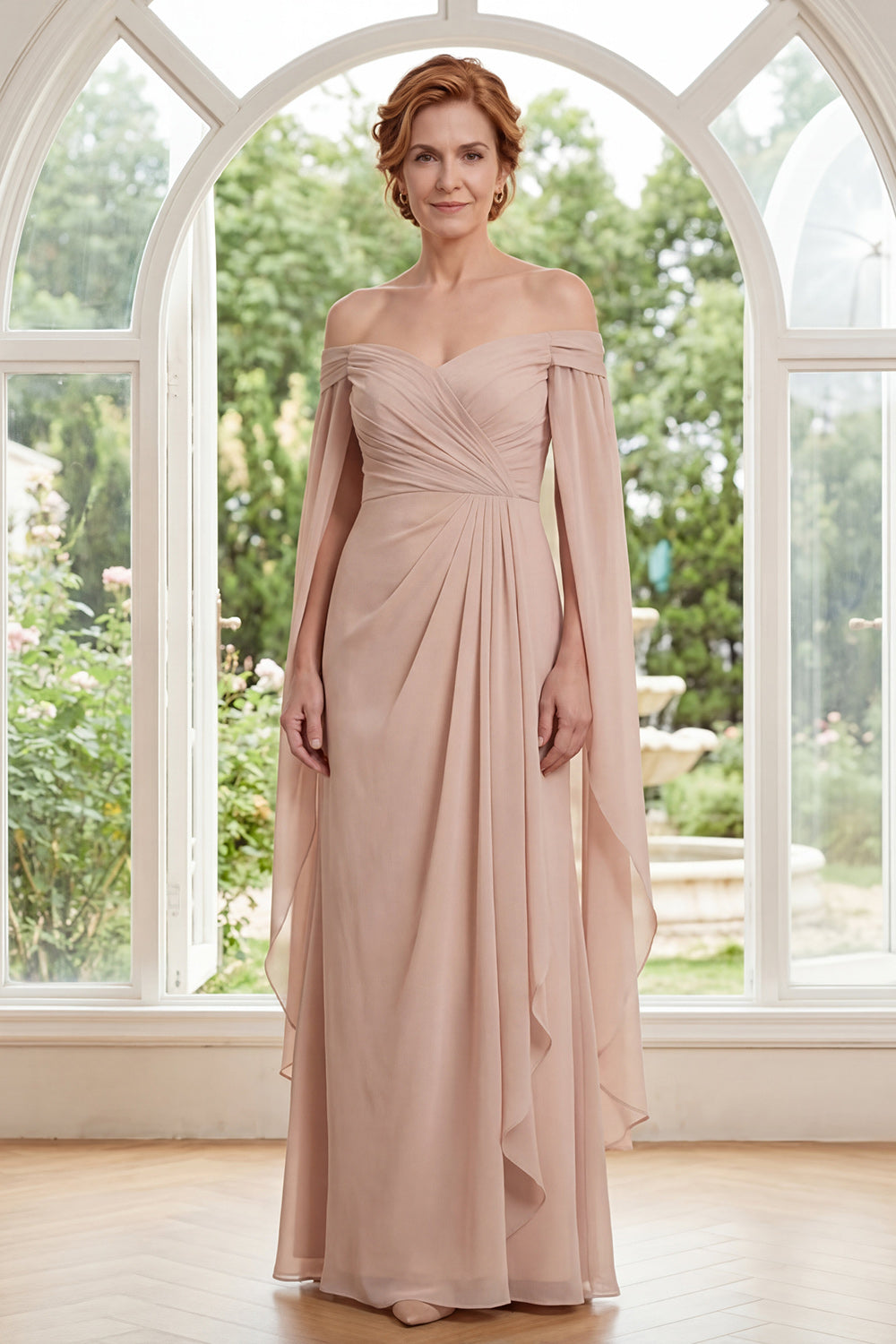 Long Ruffled Champagne Sheath Ruched Mother of the Bride Dress with Cape