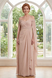 Long Ruffled Champagne Sheath Ruched Mother of the Bride Dress with Cape