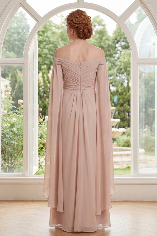 Long Ruffled Champagne Sheath Ruched Mother of the Bride Dress with Cape