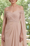 Long Ruffled Champagne Sheath Ruched Mother of the Bride Dress with Cape