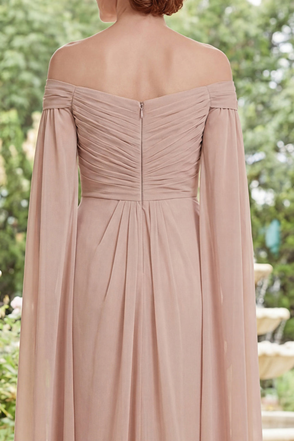 Long Ruffled Champagne Sheath Ruched Mother of the Bride Dress with Cape
