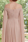 Long Ruffled Champagne Sheath Ruched Mother of the Bride Dress with Cape