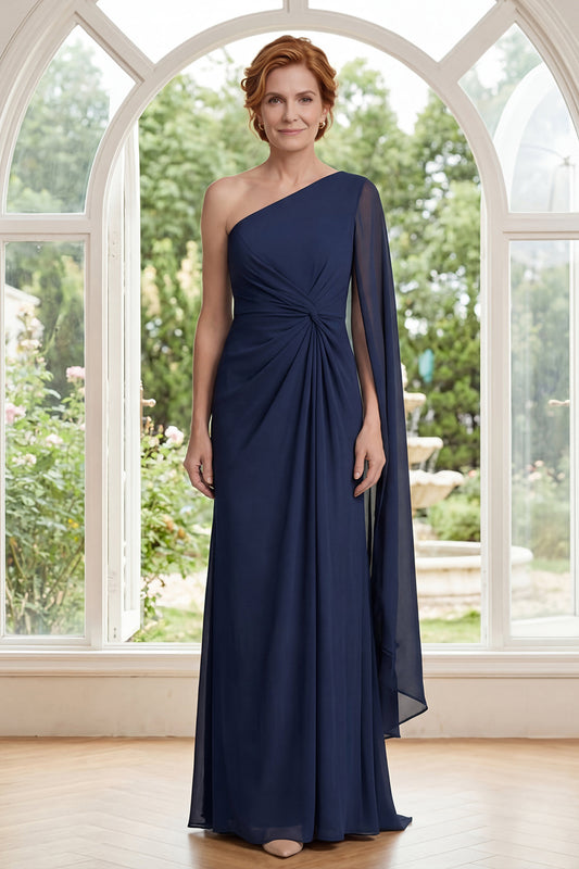 Long Navy Sheath Ruched Mother of the Bride Dress with Side Cape