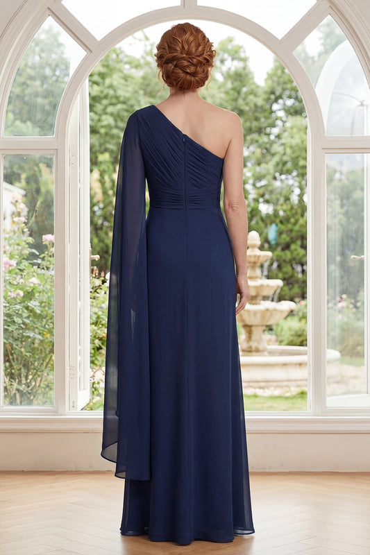 Long Navy Sheath Ruched Mother of the Bride Dress with Side Cape