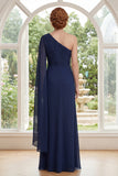 Long Navy Sheath Ruched Mother of the Bride Dress with Side Cape