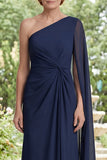 Long Navy Sheath Ruched Mother of the Bride Dress with Side Cape