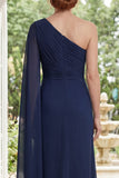 Long Navy Sheath Ruched Mother of the Bride Dress with Side Cape