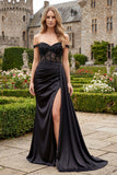 Off the Shoulder Ruched Appliqued Long Mermaid Black Formal Dress with Side Cape