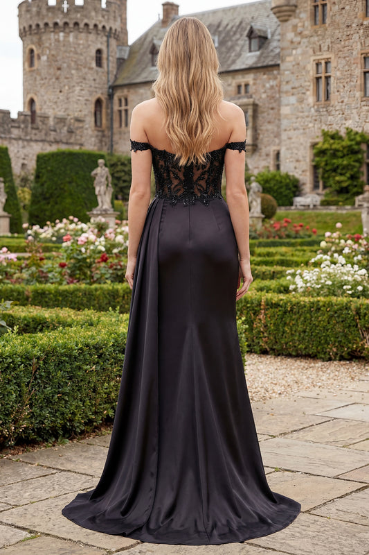 Off the Shoulder Ruched Appliqued Long Mermaid Black Formal Dress with Side Cape