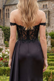 Off the Shoulder Ruched Appliqued Long Mermaid Black Formal Dress with Side Cape