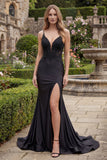 Spaghetti Straps Long Mermaid Black Formal Dress with Lace