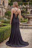 Spaghetti Straps Long Mermaid Black Formal Dress with Lace