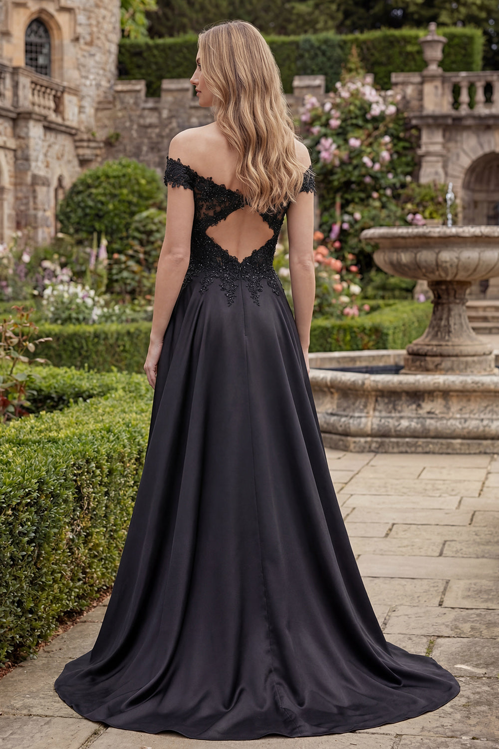A Line Off the Shoulder Beaded Long Black Formal Dress with Lace