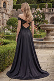 A Line Off the Shoulder Beaded Long Black Formal Dress with Lace