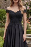 A Line Off the Shoulder Beaded Long Black Formal Dress with Lace