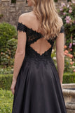 A Line Off the Shoulder Beaded Long Black Formal Dress with Lace