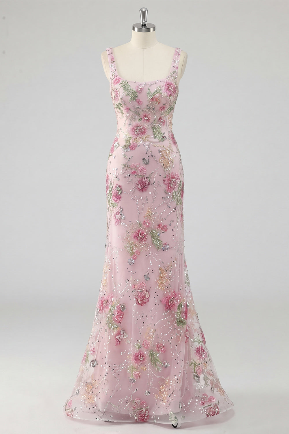 Sparkly Pink Long Floral Mermaid Beaded Formal Dress