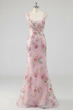 Sparkly Pink Long Floral Mermaid Beaded Formal Dress