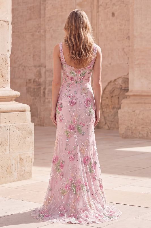 Sparkly Pink Long Floral Mermaid Beaded Formal Dress