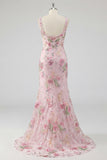 Sparkly Pink Long Floral Mermaid Beaded Formal Dress