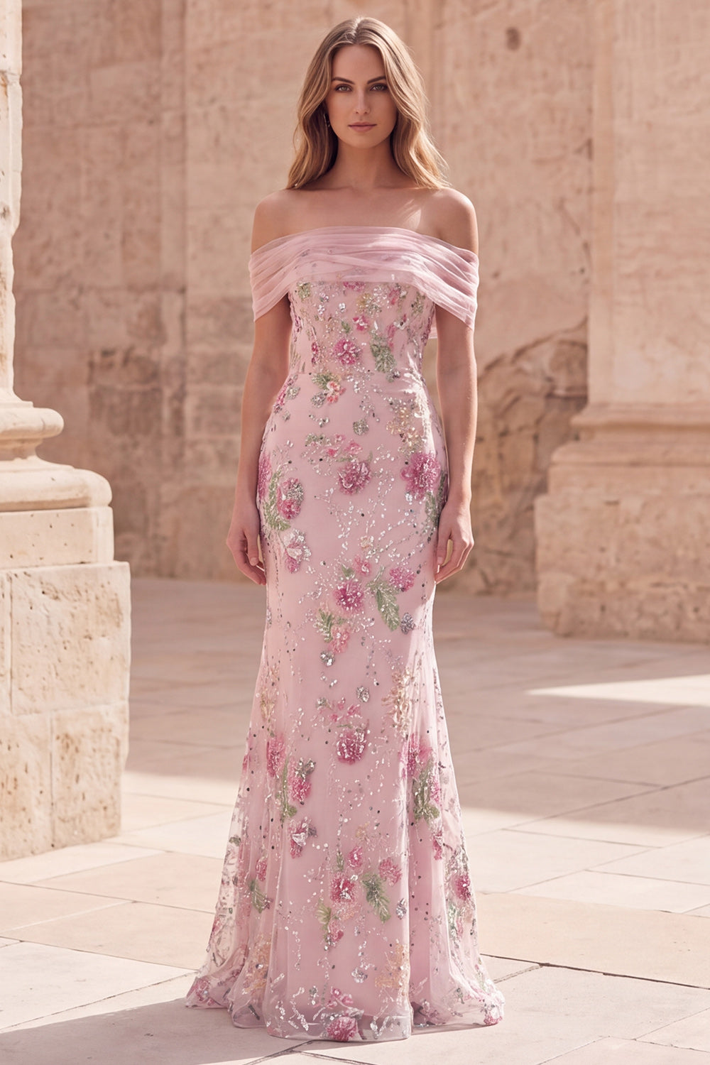 Floral Mermaid Off the Shoulder Sparkly Pink Long Beaded Formal Dress